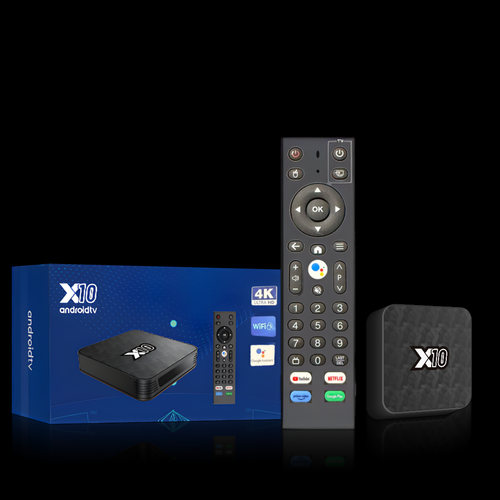 X10 streaming media player with its retail box and remote control on a black background